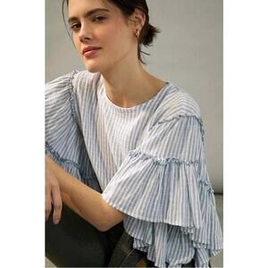 Anthropologie Pilcro Blue White Stripe Sybil Ruffle Sleeve Open Back Blouse XS